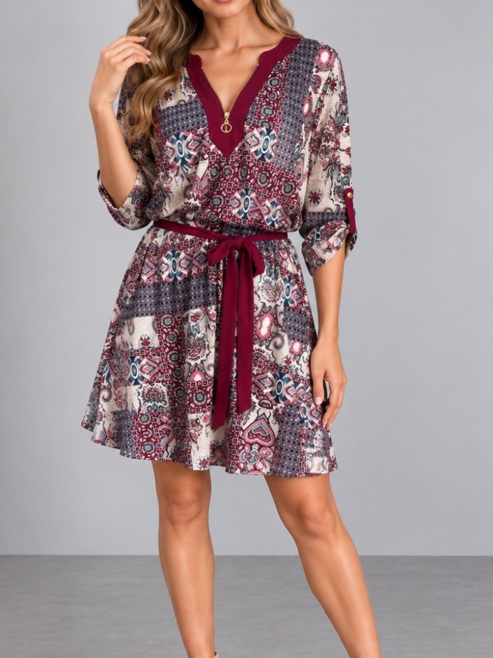 Naif Boho Patchwork Paisley  Shift Dress Burgundy Red 3/4 Sleeve Petite Large